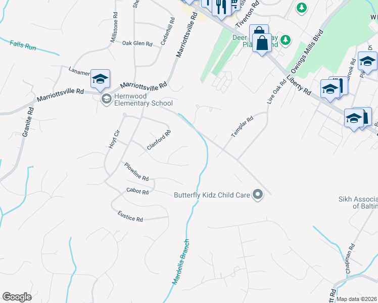 map of restaurants, bars, coffee shops, grocery stores, and more near 3613 Laguna Court in Randallstown