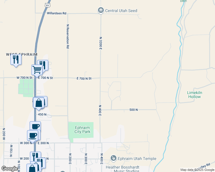 map of restaurants, bars, coffee shops, grocery stores, and more near 635 North 460 East in Ephraim