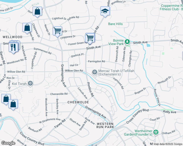 map of restaurants, bars, coffee shops, grocery stores, and more near 6329 Green Meadow Parkway in Baltimore