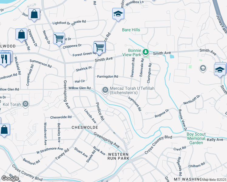 map of restaurants, bars, coffee shops, grocery stores, and more near 6505 Baythorne Road in Baltimore