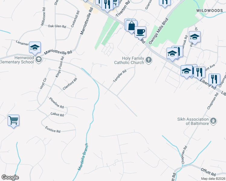 map of restaurants, bars, coffee shops, grocery stores, and more near 9624 Marriottsville Road in Randallstown