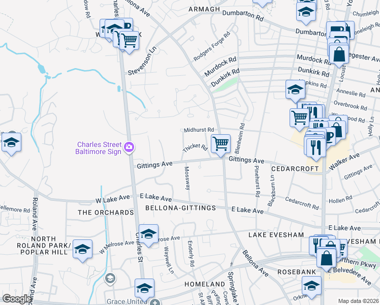 map of restaurants, bars, coffee shops, grocery stores, and more near 101 Thicket Road in Baltimore