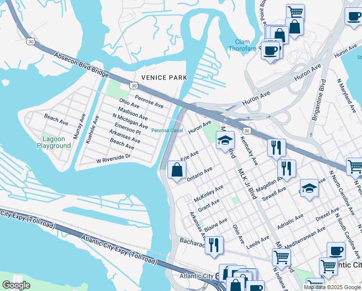 map of restaurants, bars, coffee shops, grocery stores, and more near 1242 Monroe Avenue in Atlantic City