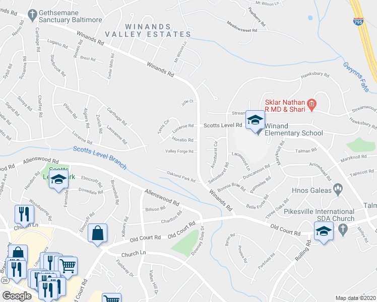 map of restaurants, bars, coffee shops, grocery stores, and more near 4806 Valley Forge Road in Randallstown