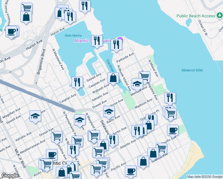 map of restaurants, bars, coffee shops, grocery stores, and more near 400 North Massachusetts Avenue in Atlantic City