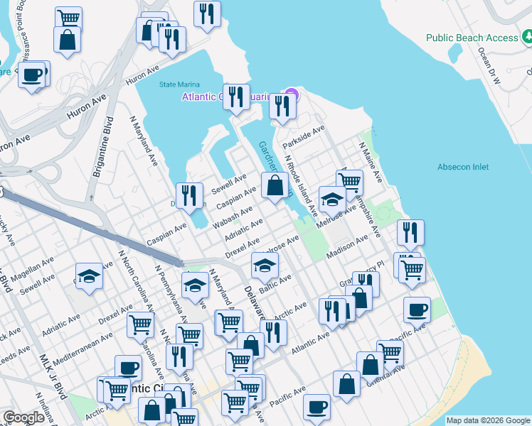 map of restaurants, bars, coffee shops, grocery stores, and more near 400 North Massachusetts Avenue in Atlantic City
