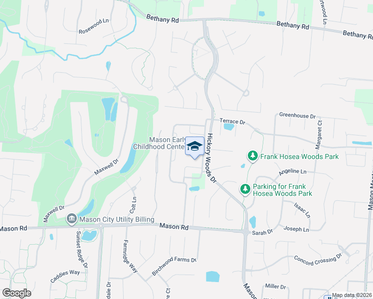 map of restaurants, bars, coffee shops, grocery stores, and more near 4631 Hickory Woods Drive in Mason