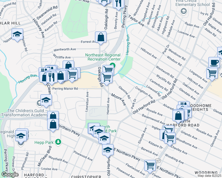 map of restaurants, bars, coffee shops, grocery stores, and more near 7103 Marlborough Drive in Baltimore