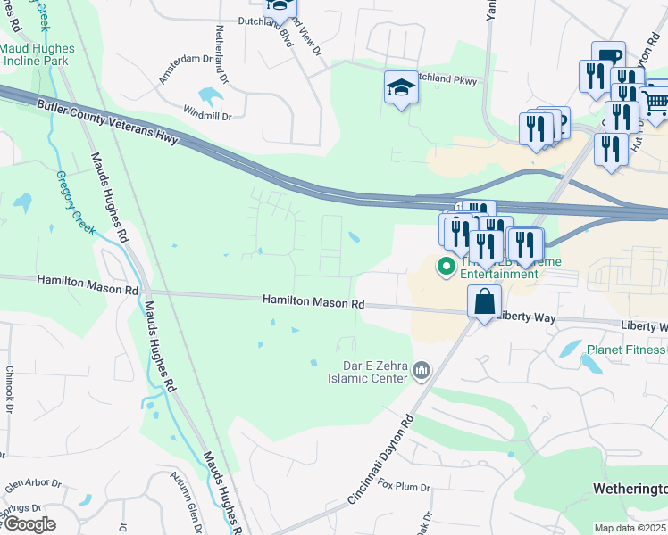 map of restaurants, bars, coffee shops, grocery stores, and more near 7098 Office Park Drive in Butler County