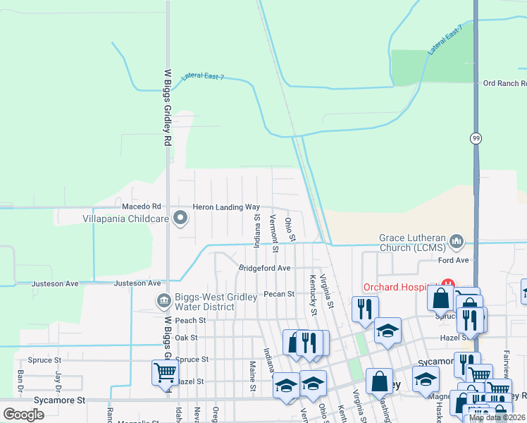 map of restaurants, bars, coffee shops, grocery stores, and more near 1880 Indiana Street in Gridley