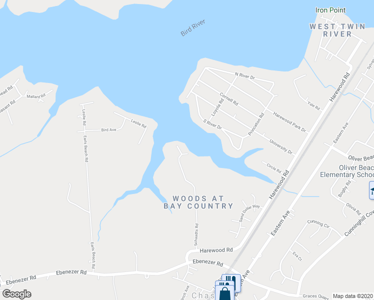 map of restaurants, bars, coffee shops, grocery stores, and more near 6801 Schaadts Road in Middle River