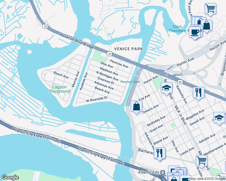 map of restaurants, bars, coffee shops, grocery stores, and more near 1424 North Arkansas Avenue in Atlantic City