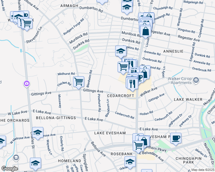 map of restaurants, bars, coffee shops, grocery stores, and more near 6306 Blackburn Court in Baltimore