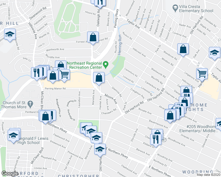 map of restaurants, bars, coffee shops, grocery stores, and more near 2511 Glencoe Road in Baltimore