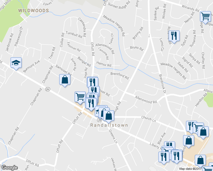 map of restaurants, bars, coffee shops, grocery stores, and more near 3709 Brentford Rd in Randallstown