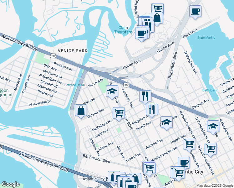 map of restaurants, bars, coffee shops, grocery stores, and more near 1063 North Doctor Martin Luther King Boulevard in Atlantic City