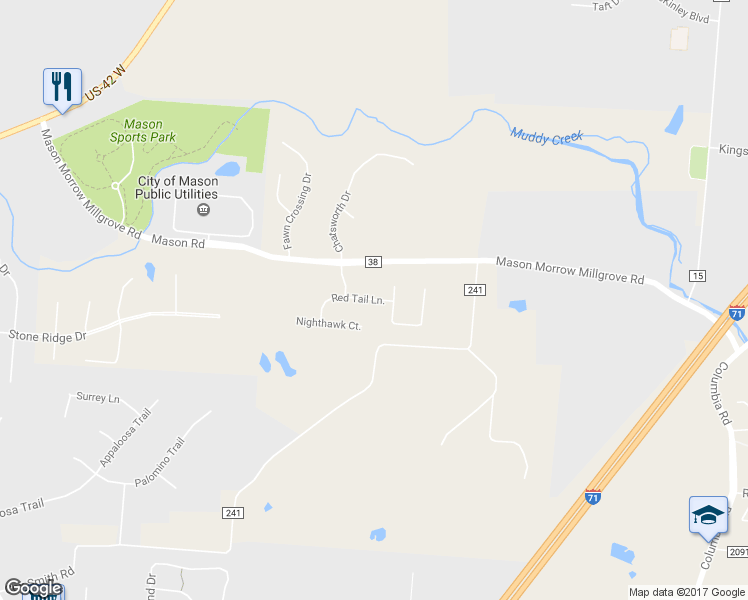 map of restaurants, bars, coffee shops, grocery stores, and more near 2678 Red Tail Ln. in Mason