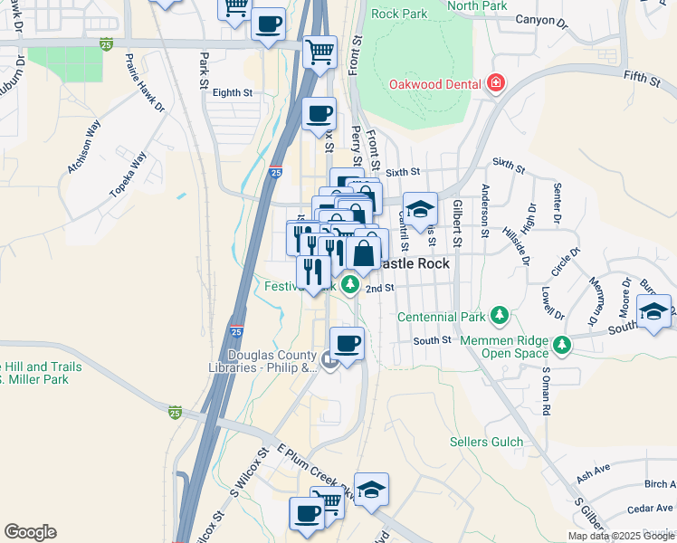 map of restaurants, bars, coffee shops, grocery stores, and more near 221 Perry Street in Castle Rock