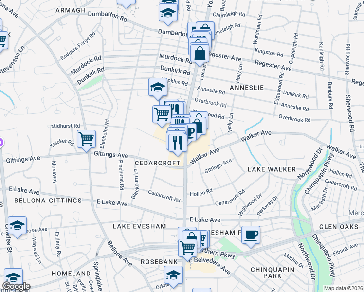 map of restaurants, bars, coffee shops, grocery stores, and more near 6314 York Rd in Baltimore