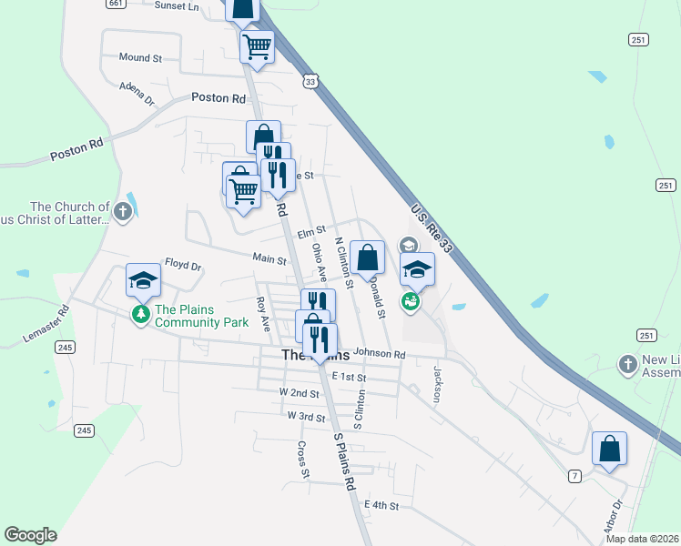 map of restaurants, bars, coffee shops, grocery stores, and more near 38 North Clinton Street in The Plains