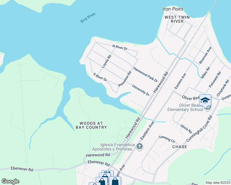 map of restaurants, bars, coffee shops, grocery stores, and more near 8153 South River Drive in Middle River