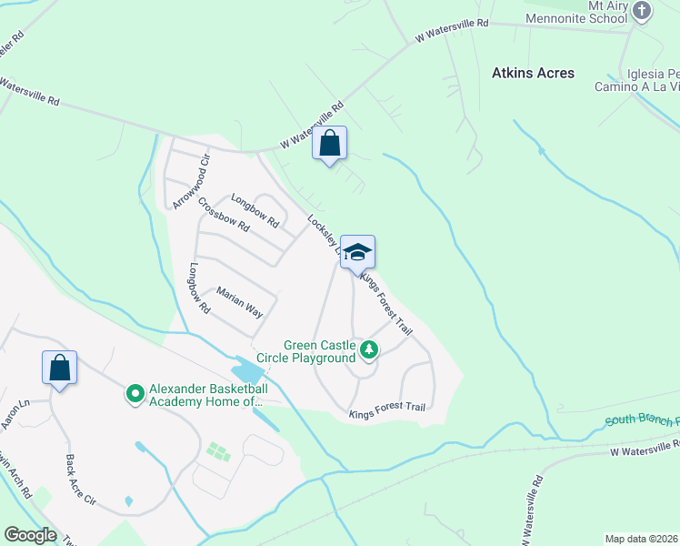 map of restaurants, bars, coffee shops, grocery stores, and more near 1603 Kings Forest Trail in Mount Airy