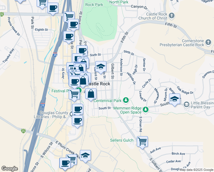 map of restaurants, bars, coffee shops, grocery stores, and more near 212 Lewis Street in Castle Rock