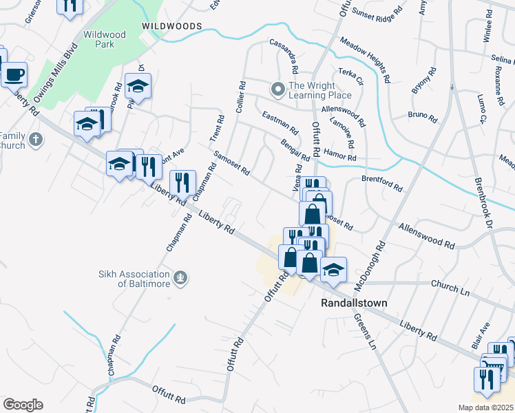 map of restaurants, bars, coffee shops, grocery stores, and more near 3500 Tali Drive in Randallstown