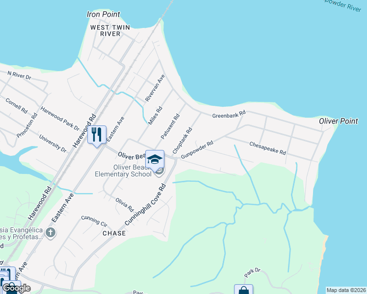 map of restaurants, bars, coffee shops, grocery stores, and more near 13109 Choptank Road in Middle River