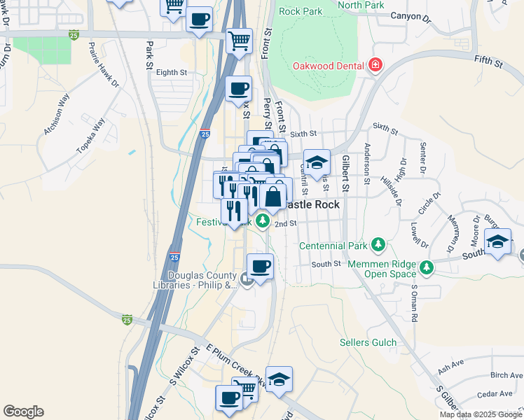 map of restaurants, bars, coffee shops, grocery stores, and more near 221 Perry Street in Castle Rock