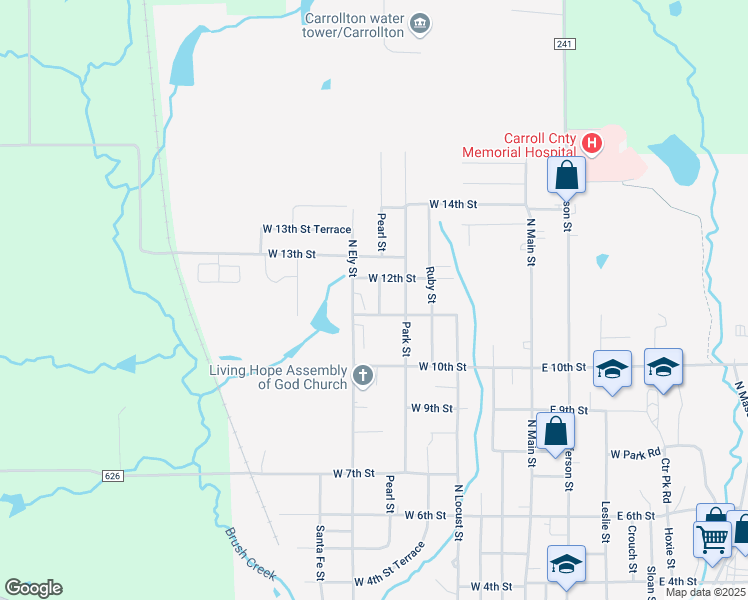 map of restaurants, bars, coffee shops, grocery stores, and more near 1107 Pearl Street in Carrollton