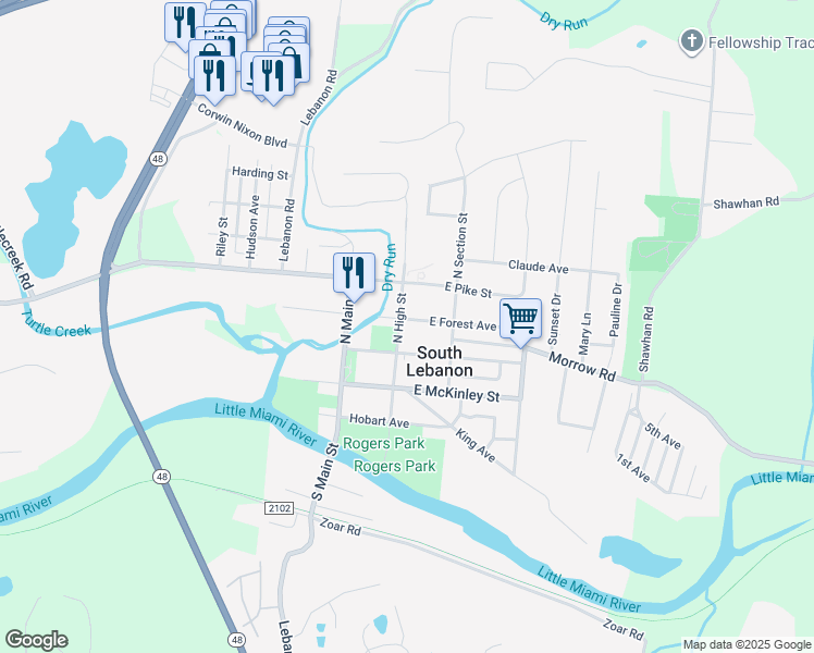 map of restaurants, bars, coffee shops, grocery stores, and more near 109 East Forest Avenue in South Lebanon