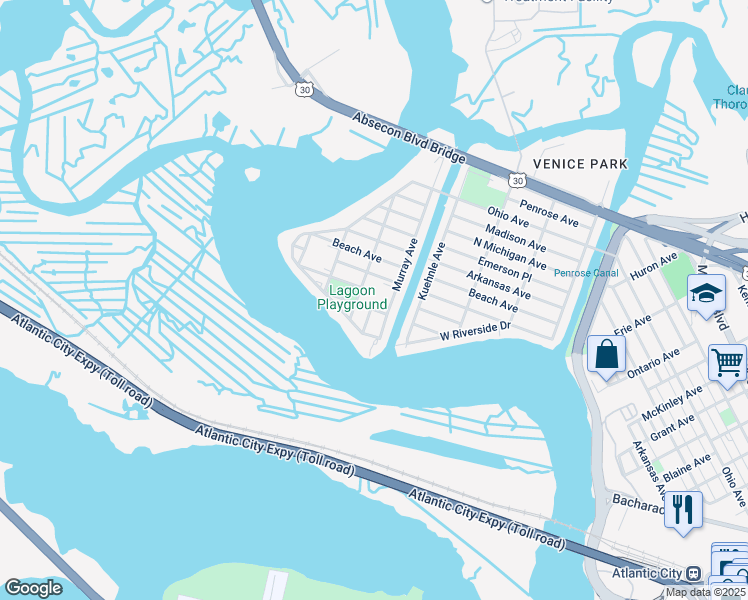 map of restaurants, bars, coffee shops, grocery stores, and more near 1801 N Mississippi Ave in Atlantic City