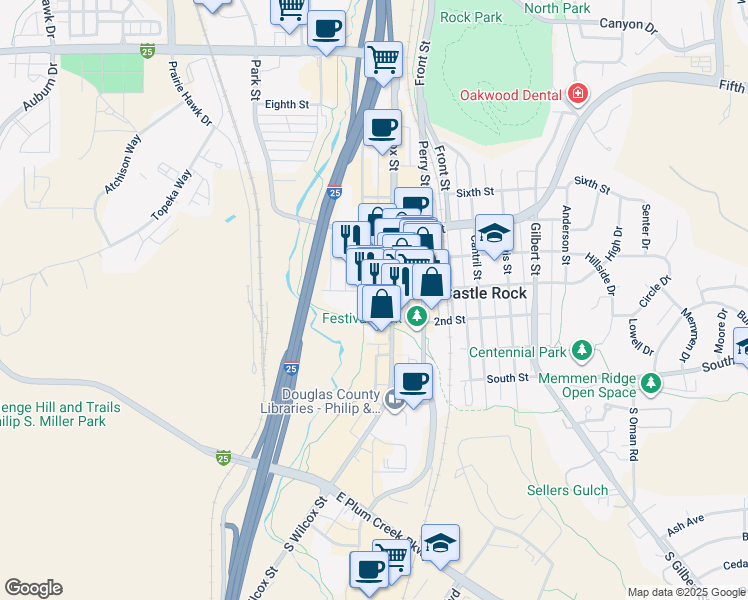 map of restaurants, bars, coffee shops, grocery stores, and more near 221 Wilcox Street in Castle Rock