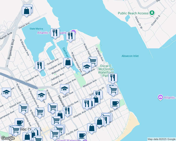 map of restaurants, bars, coffee shops, grocery stores, and more near 6 Windjammer Court in Atlantic City