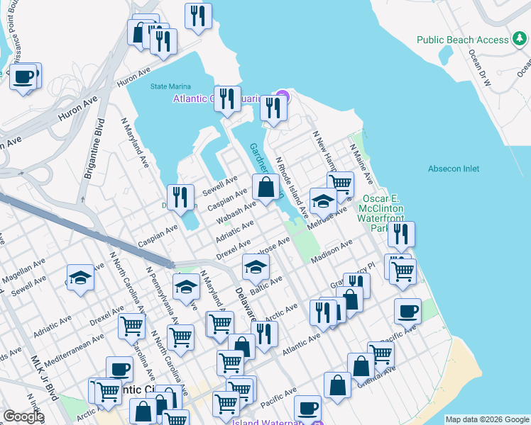 map of restaurants, bars, coffee shops, grocery stores, and more near 400 North Massachusetts Avenue in Atlantic City