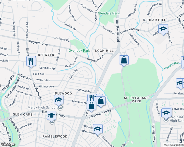 map of restaurants, bars, coffee shops, grocery stores, and more near 5601 Loch Raven Boulevard in Baltimore