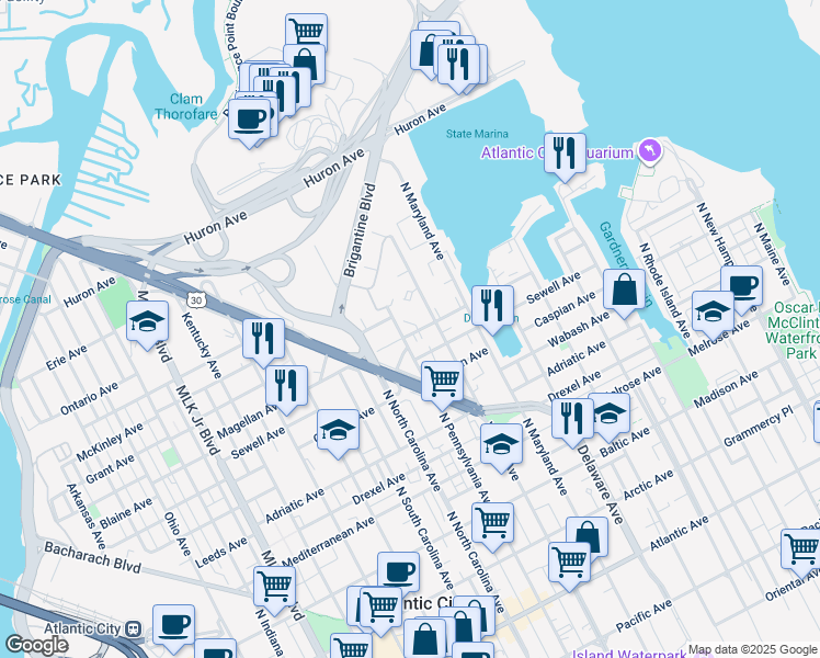 map of restaurants, bars, coffee shops, grocery stores, and more near 721 North Pennsylvania Avenue in Atlantic City