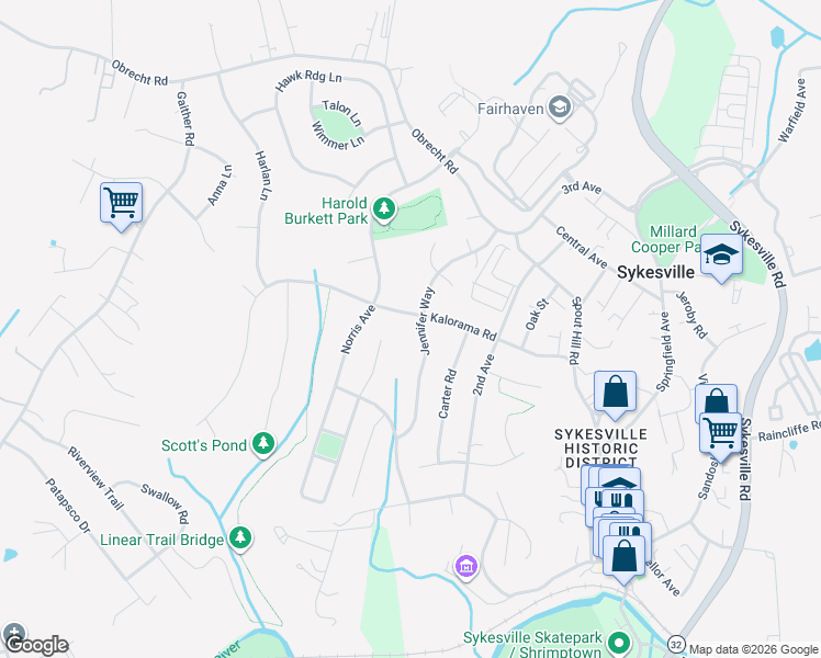 map of restaurants, bars, coffee shops, grocery stores, and more near 7320 Jennifer Way in Sykesville