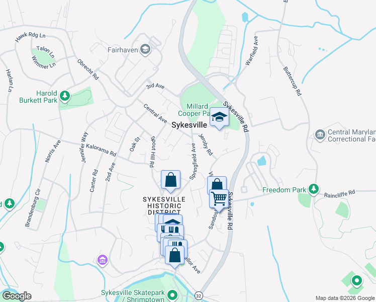 map of restaurants, bars, coffee shops, grocery stores, and more near 7322 Springfield Avenue in Sykesville
