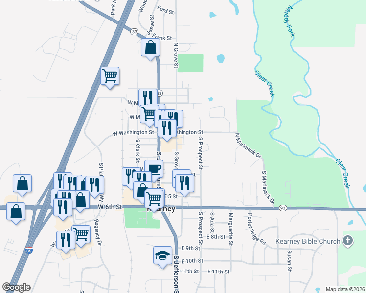 map of restaurants, bars, coffee shops, grocery stores, and more near 107 South Grove Street in Kearney
