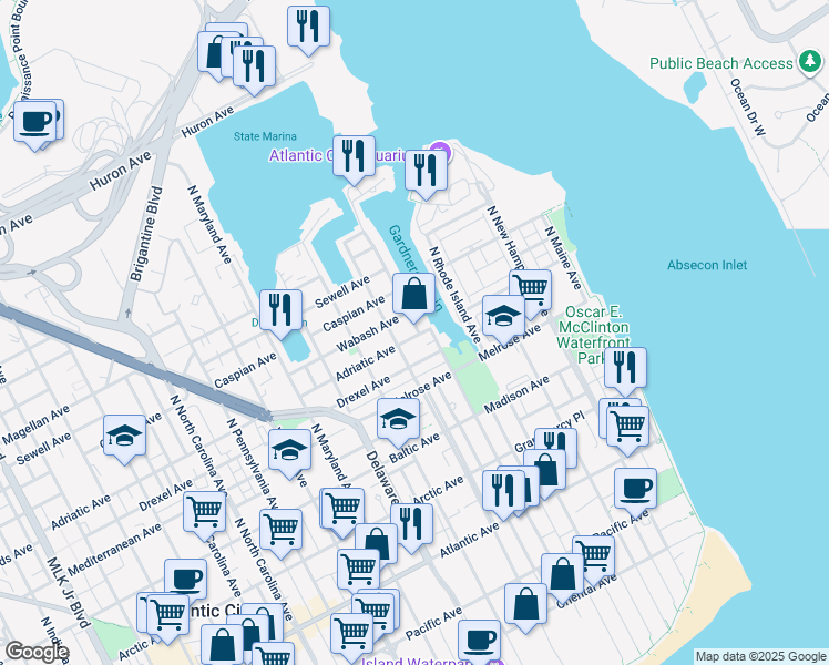 map of restaurants, bars, coffee shops, grocery stores, and more near 400 North Massachusetts Avenue in Atlantic City