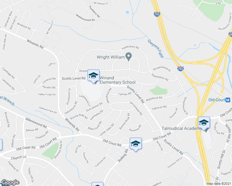 map of restaurants, bars, coffee shops, grocery stores, and more near 4614 Talman Road in Pikesville
