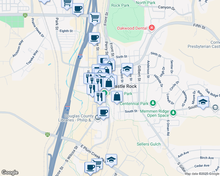 map of restaurants, bars, coffee shops, grocery stores, and more near 224 Front Street in Castle Rock