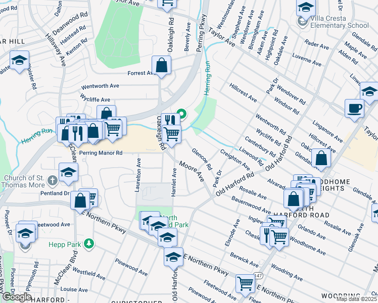 map of restaurants, bars, coffee shops, grocery stores, and more near 2509 Glencoe Road in Parkville