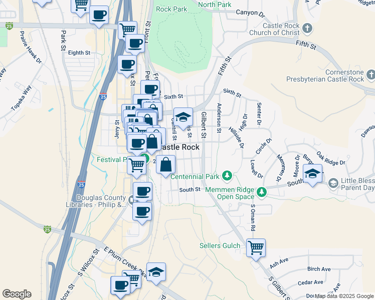map of restaurants, bars, coffee shops, grocery stores, and more near 211 Lewis Street in Castle Rock