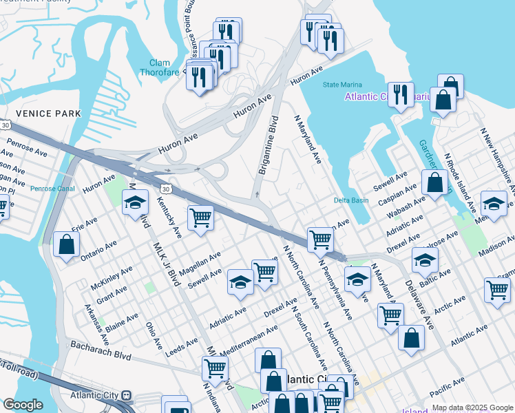 map of restaurants, bars, coffee shops, grocery stores, and more near 676 Carolyn Terrace in Atlantic City