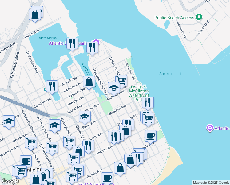 map of restaurants, bars, coffee shops, grocery stores, and more near 6 Windjammer Court in Atlantic City