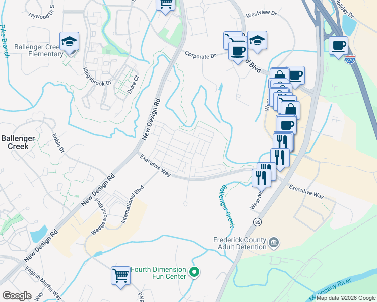 map of restaurants, bars, coffee shops, grocery stores, and more near 5011 MacDonough Place in Frederick