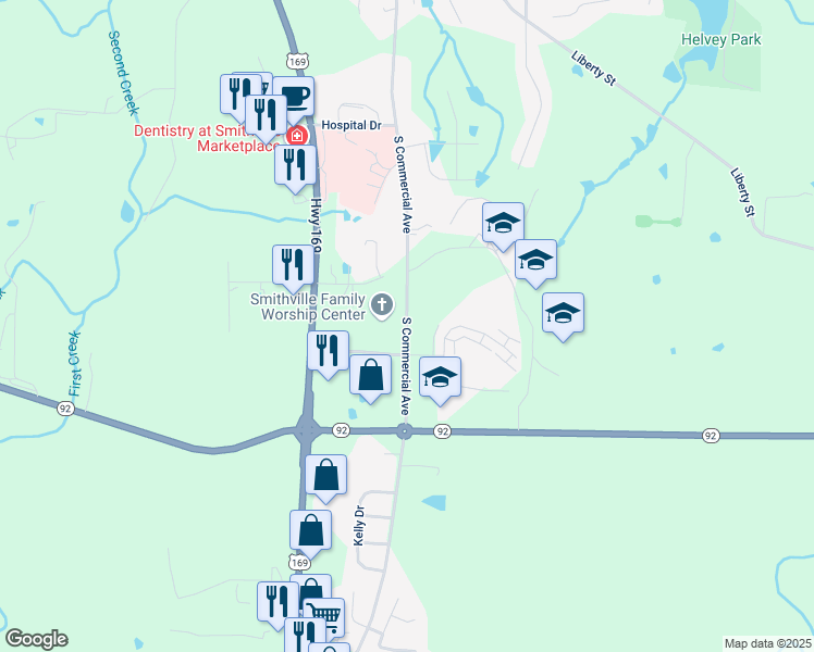map of restaurants, bars, coffee shops, grocery stores, and more near 822-926 South Commercial Avenue in Smithville